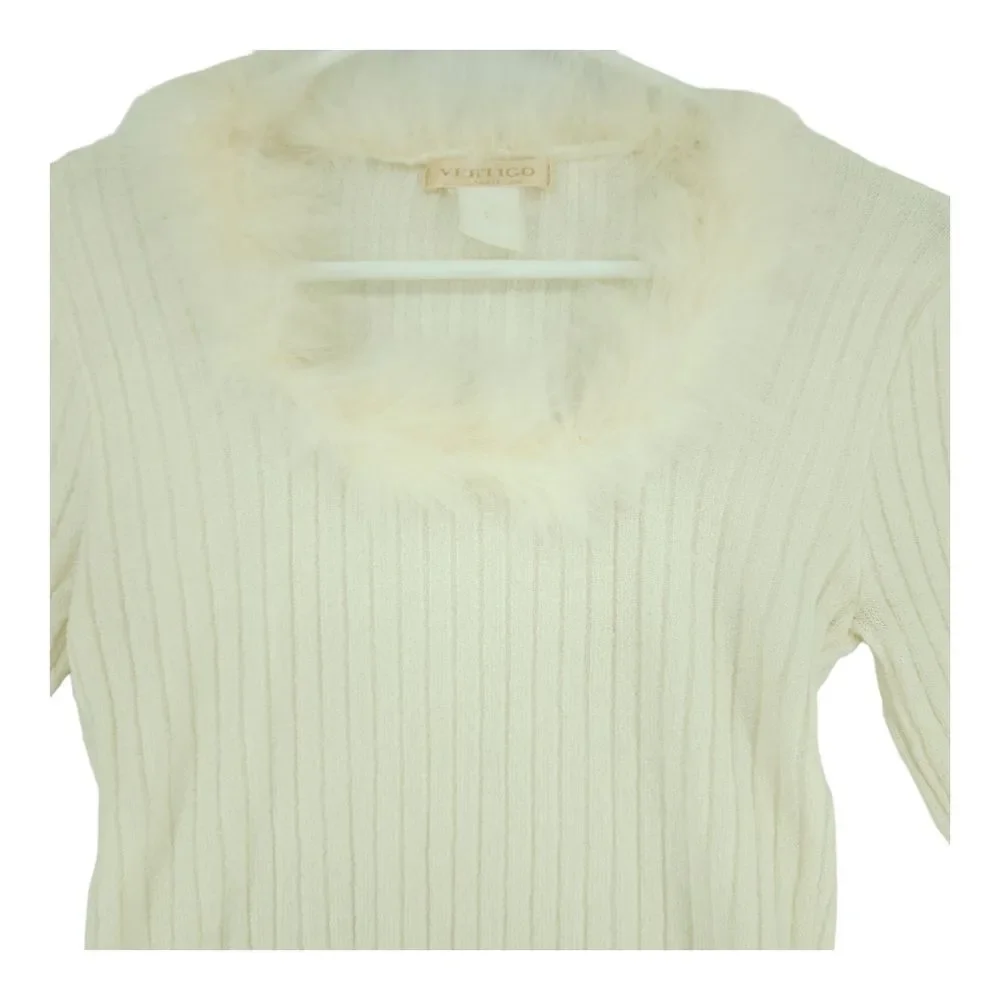 Vintage Small Vertigo Paris White Ribbed Sweater with Feather Collar and Sleeve